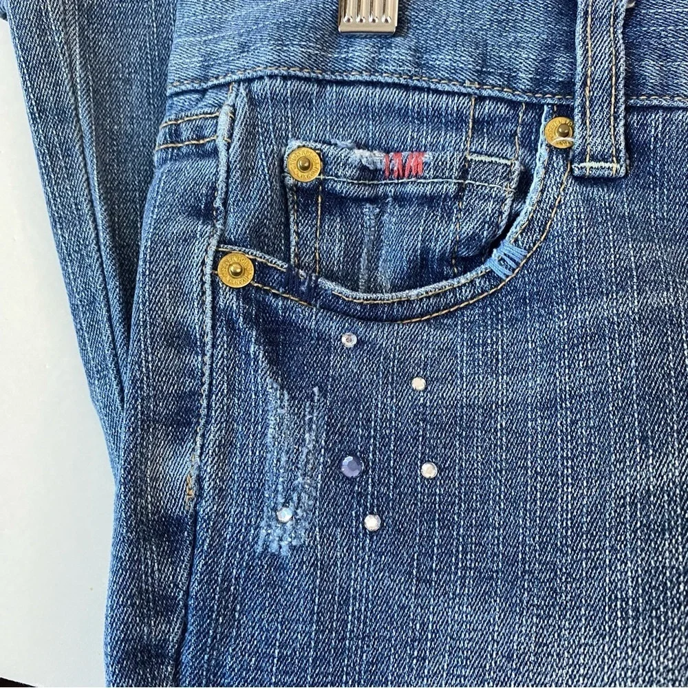 7 Seven For All Man Kind Women's Bootcut Distressed Embellished Blue Jeans Sz 28